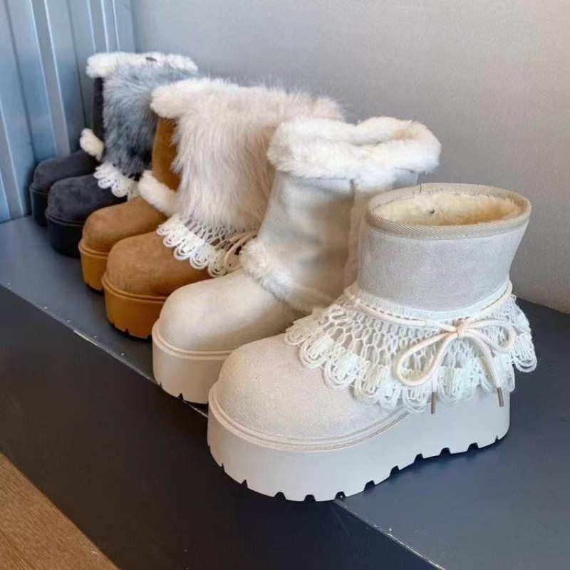 Embroidery Garments - Women Detachable Lace Furry Snow Boots,